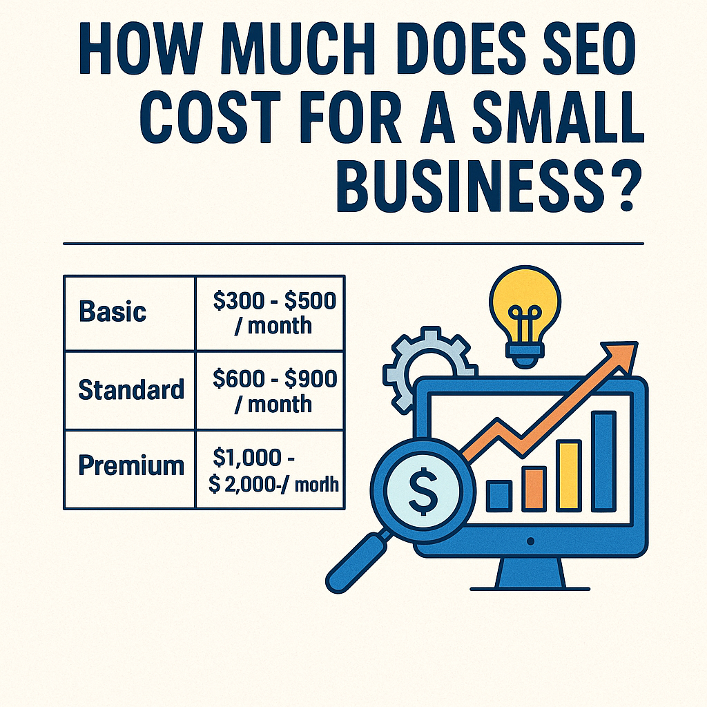 How Much Does SEO Cost for a Small Business?" featuring a pricing comparison table for Basic ($300–$500/month), Standard ($600–$900/month), and Premium ($1,000–$2,000/month) SEO plans. The design includes flat-style icons such as a magnifying glass with a dollar sign, a bar chart on a monitor, a gear, and a light bulb, symbolizing SEO strategy and growth.