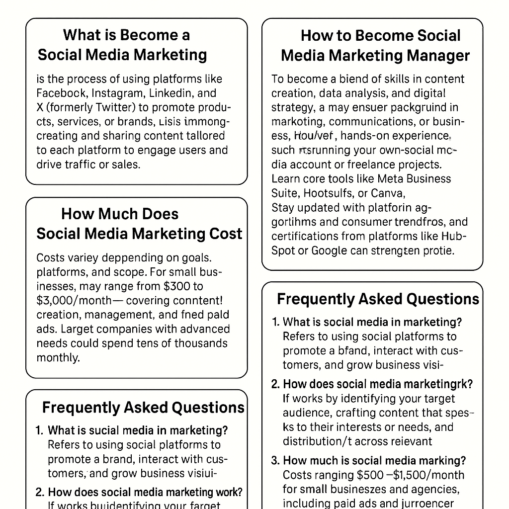 Infographic explaining what social media marketing is, how it works, manager career tips, marketing costs, and common FAQs