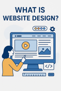 "Professional web designer laptop par website design karte hue"