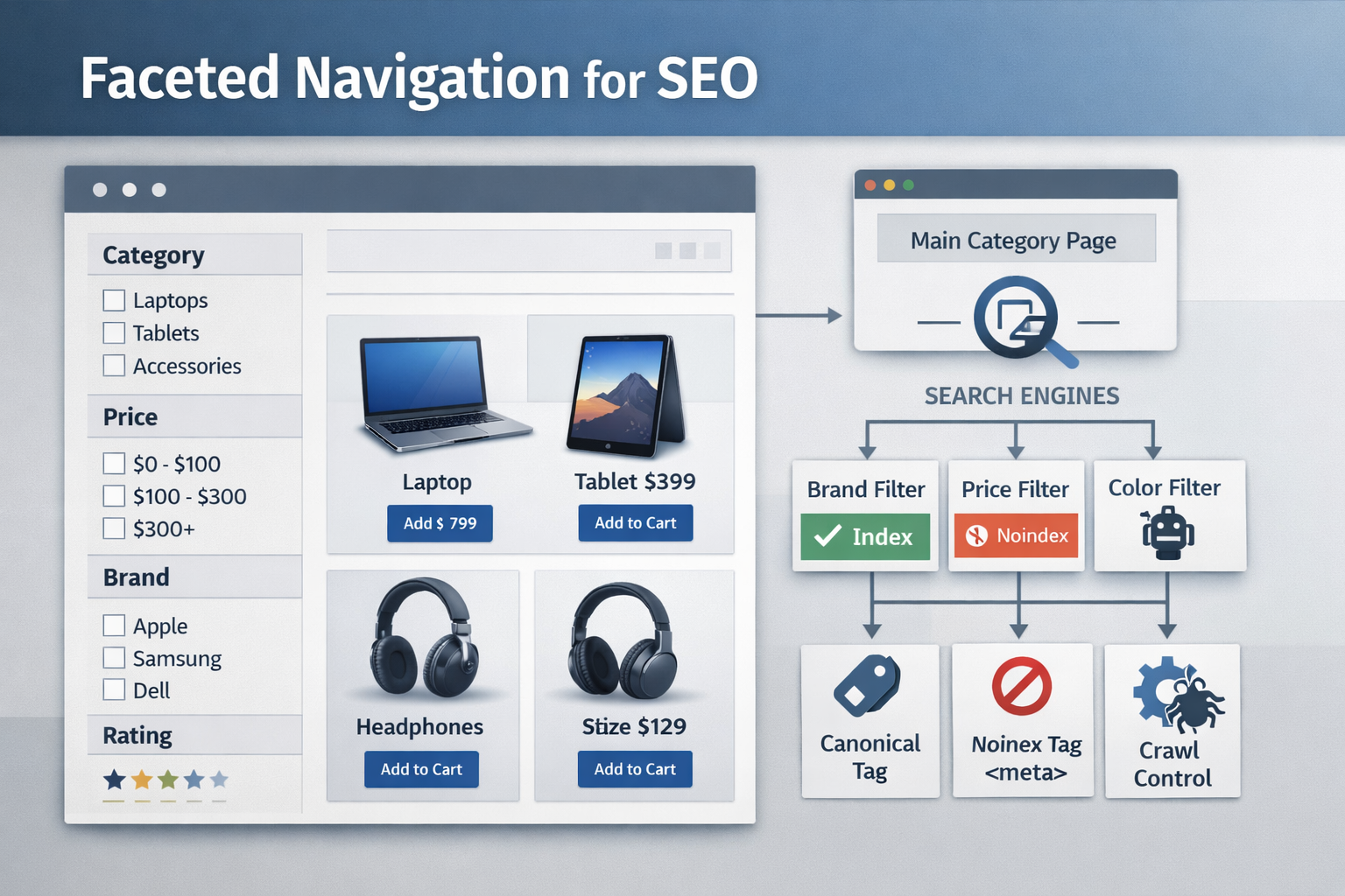 Faceted navigation SEO example showing ecommerce filters and optimized faceted search structure