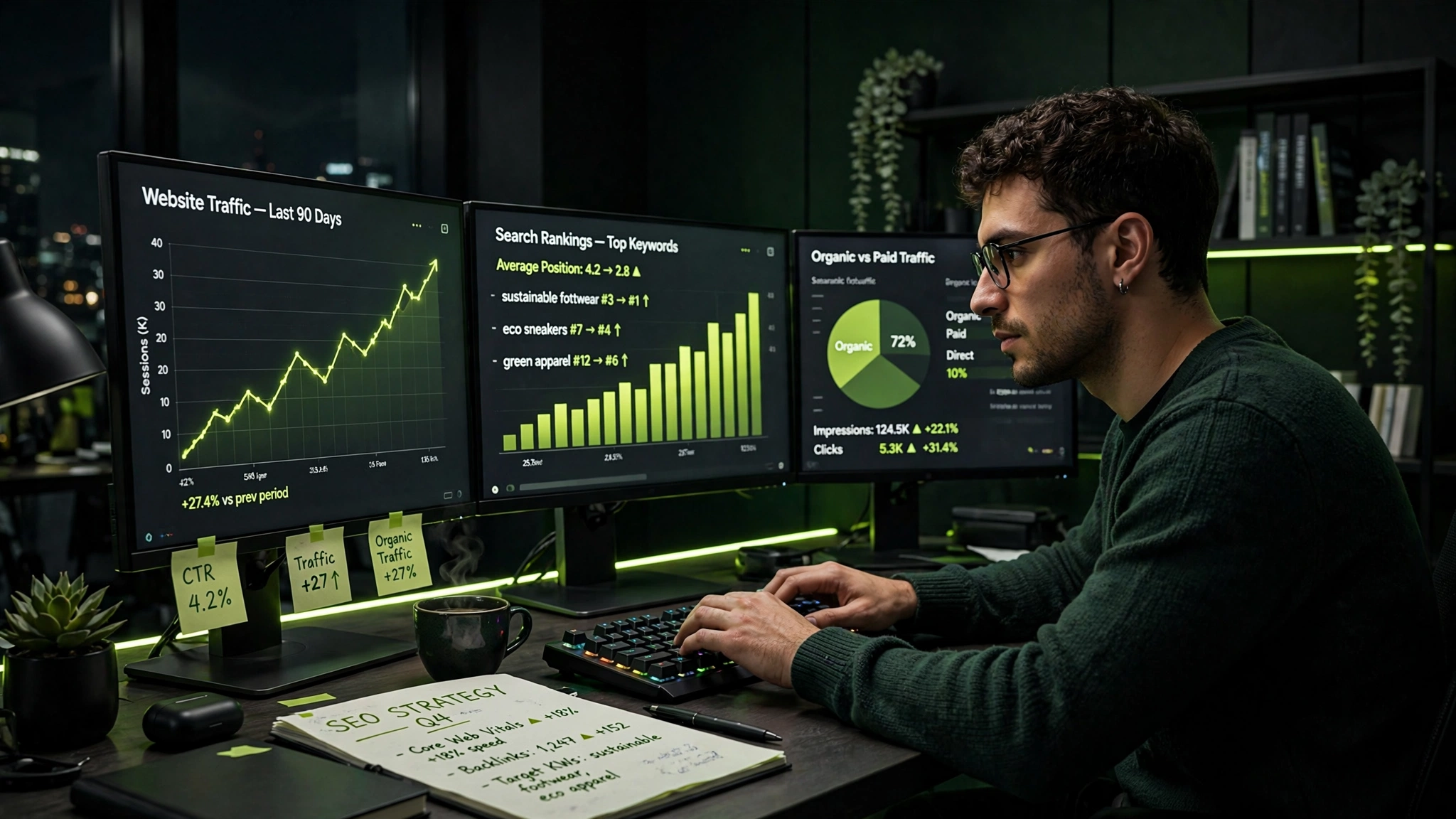 SEO specialist monitoring white label client traffic growth and search rankings