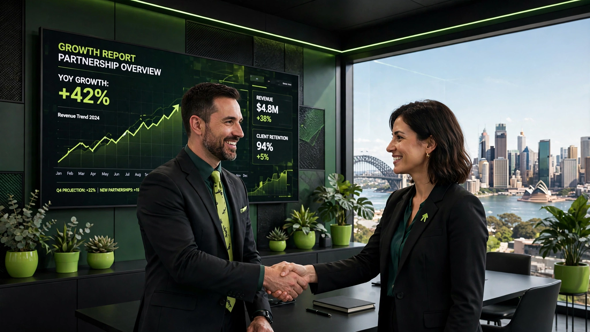 Agency partners shaking hands in a Sydney office with a growth report on screen