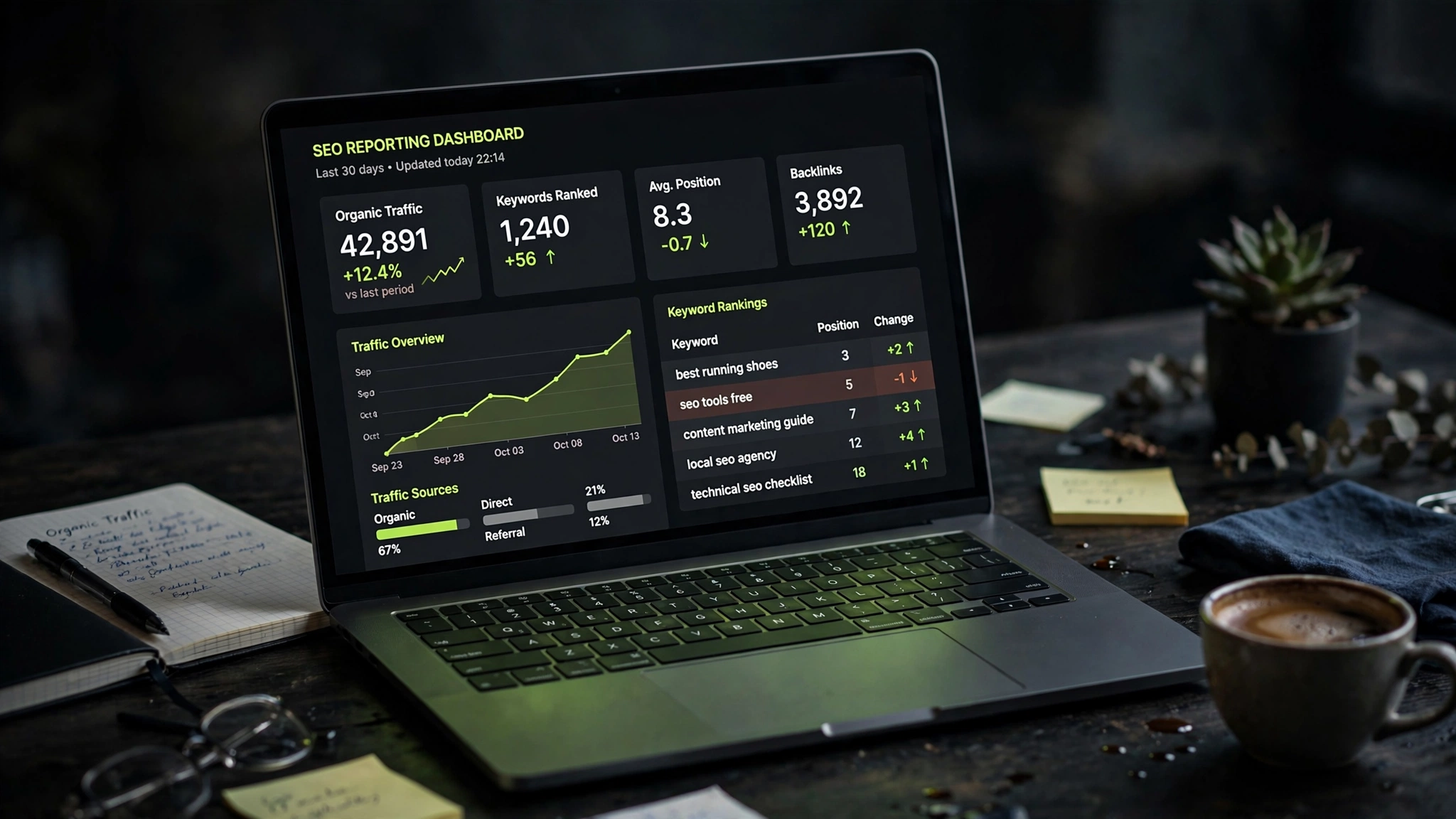 White label SEO reporting dashboard showing keyword rankings and organic traffic growth