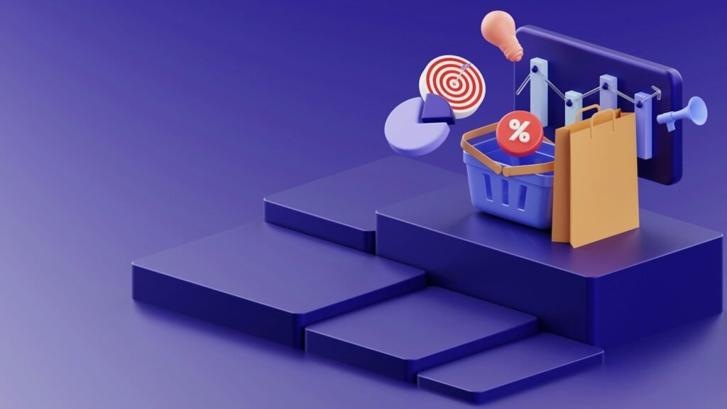 Shopify SEO services for online stores - 3D illustration of shopping basket with ecommerce icons