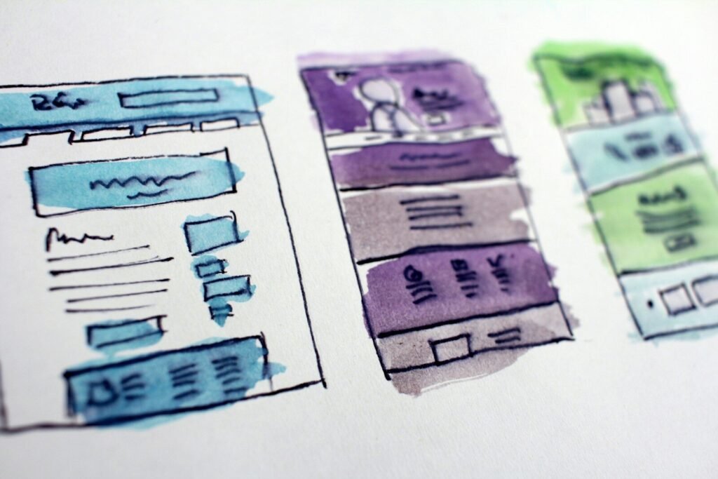 Web design and development services – watercolor website wireframe sketches for custom web design planning